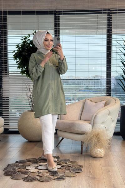 5580 Ön Cep Kapaklı Fermuarlı Kapşonlu Kap Haki