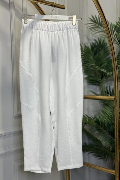 5596 Keten Dikiş Detaylı Parçalı Pantolon Beyaz