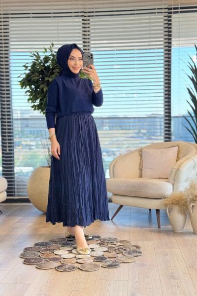 577 Ön Şifon Üstü Taşlı Bluz Lacivert