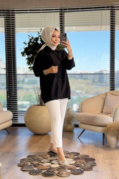 5823 Tencel Yaka İpli Fermuarlı Ceket Siyah