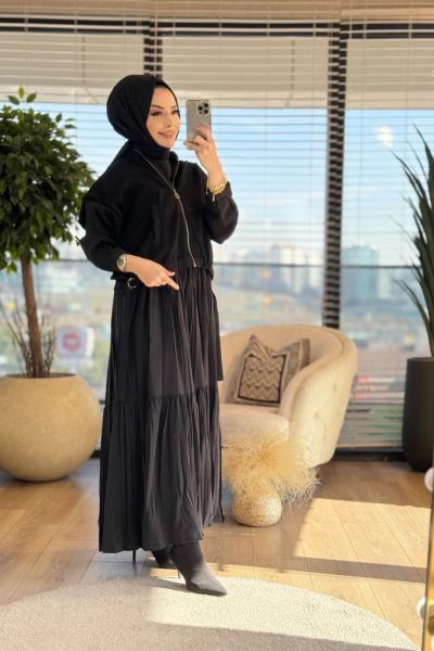 5954 İç Elbisesi Kırışık Bolerolu 2li Takım Siyah