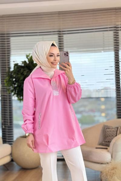 6101 Taş Detaylı Gömlek Koyu Pembe