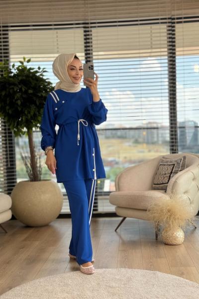 6106 Beli Bağcıklı Ve Omuzu Şerit Detaylı Takım Saks
