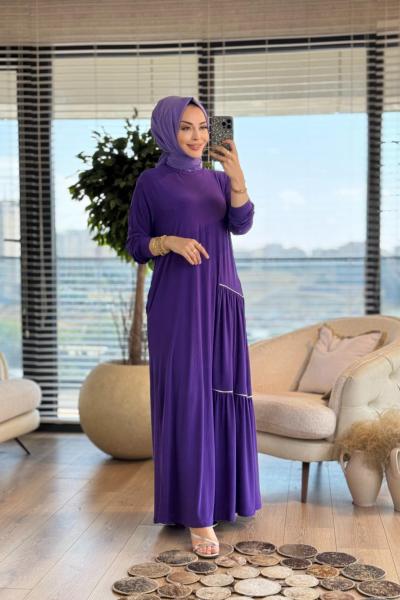 6110 Elisa Garni Detaylı Elbise Mor