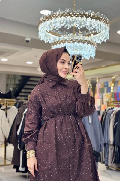 61508 Serpme Taş Baskılı Uzun Gömlek Kahve