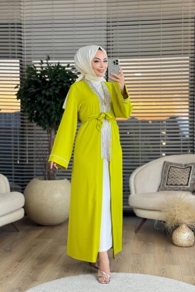 6166 Ön Sarkık Taş İşlemeli Abaya Yağ Yeşili