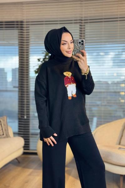 6505 Önü Ayıcık Nakışlı Triko Tunik Siyah
