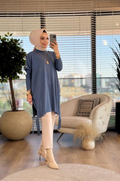7011 Dicle Yanları Düğmeli Tunik İndigo
