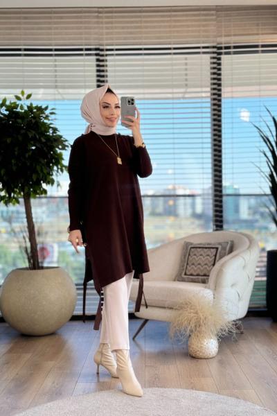 7011 Dicle Yanları Düğmeli Tunik Kahve
