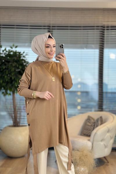 7011 Dicle Yanları Düğmeli Tunik Latte