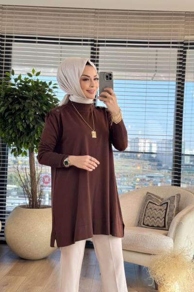 7014 Omuz Ve Kolu Düğmeli Vanezia Triko Tunik Kahve