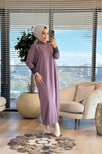 7032 Omuzu Manşetli Garnili Triko Elbise Gül