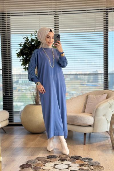 7046 Kolları Piliseli Simli Vanezia Elbise İndigo