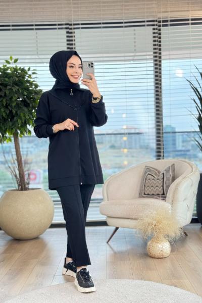 7049 Roba V Sim Kordon Detaylı Fermuarlı Takım Siyah