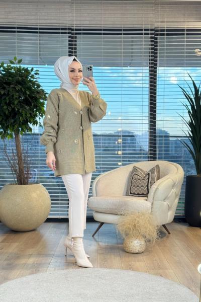 7091 Üst Kabartma Baklava Nakışlı Hırka Vizon