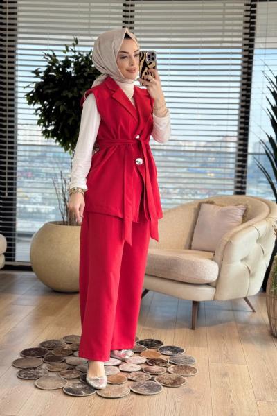 71050 Omuzları Fermuarlı Yelekli Takım Kırmızı