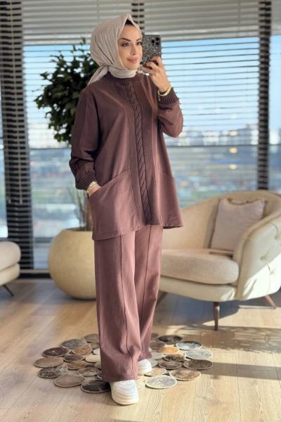 7159 Ön Ve Kolu Saç Örgülü Takım Kahve