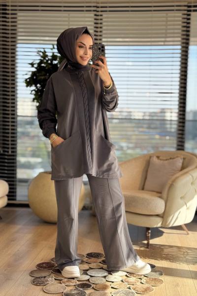7159 Ön Ve Kolu Saç Örgülü Takım Antrasit