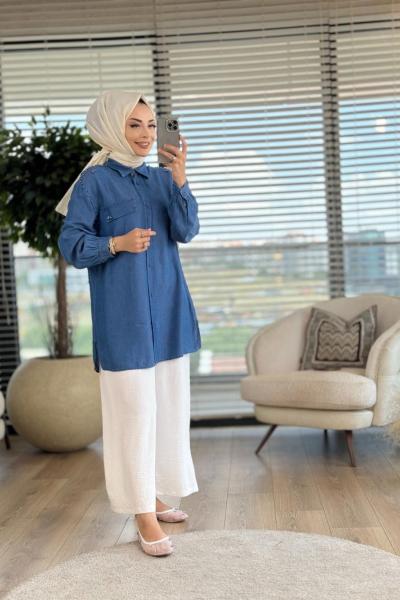 7175 Omuzları Boncuklu Tencel Tunik Lacivert