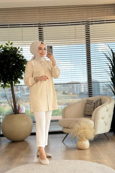 7175 Omuzları Boncuklu Tencel Tunik Ekru