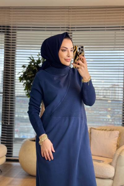 7187 Nokta Örgü İki İplik Elbise Lacivert