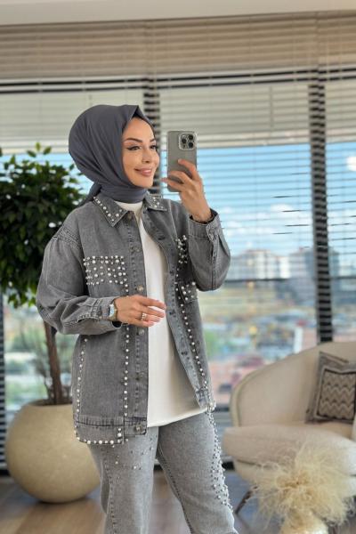 7201 Önü İnci İşli Kot Ceket Antrasit