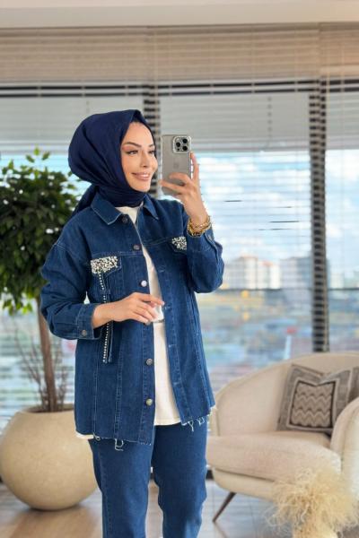 7206 Cep Kapaği Taş İşlemeli Kot Ceket Lacivert