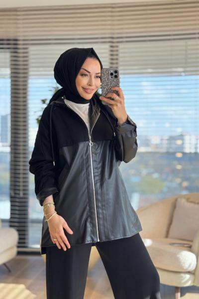 72093 Önü Ve Kapşonu Deri Detaylı Takım Siyah