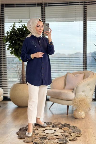 7248 Tencel Sağ Omuz İnci Çiçek İşlemeli Tunik Koyu Lacivert