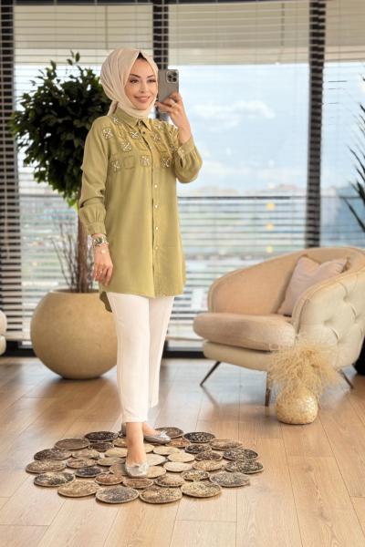 7250 Tencel Roba Kare Parçalı Gömlek Yağ Yeşili