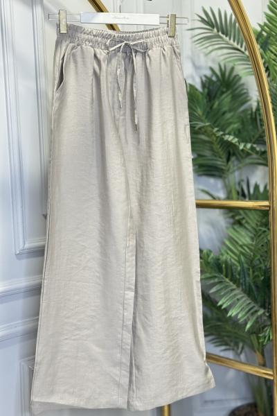7272 Beli Lastikli Bol Paça Pantolon Bej