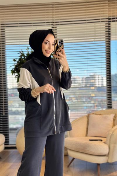 73076 Yanları Cepli Fermuarlı Takım Siyah