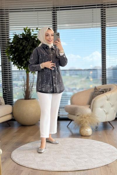 7327 Ön Ve Kolu Serpme Taşlı Kot Ceket Antrasit