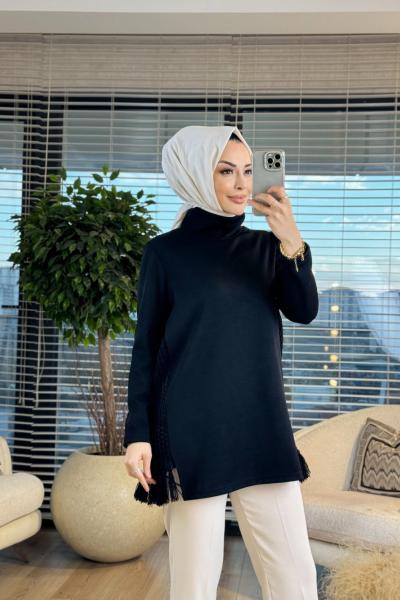 7332 Yanları File Trikolu Tunik Siyah