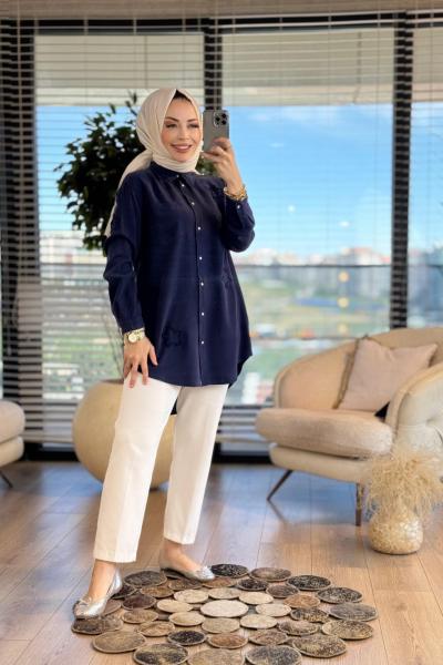 7343 Tencel Üstü Serpme Yıldız Nakışlı Gömlek Lacivert
