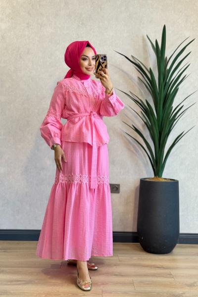 74035 Gofre Fisto Nakışlı Takım Pembe