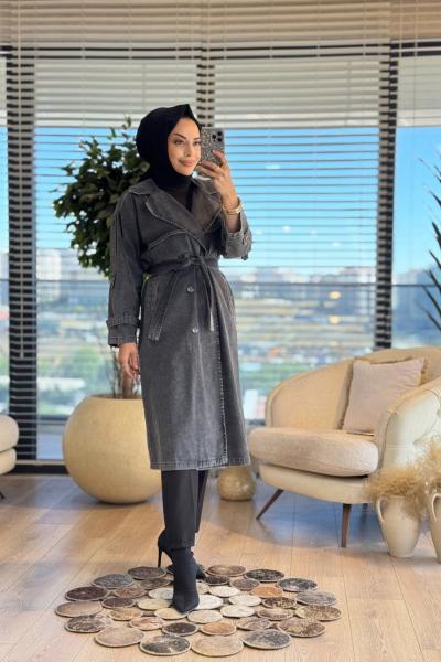 7407 Altı Düğmeli Kot Trenç Gri