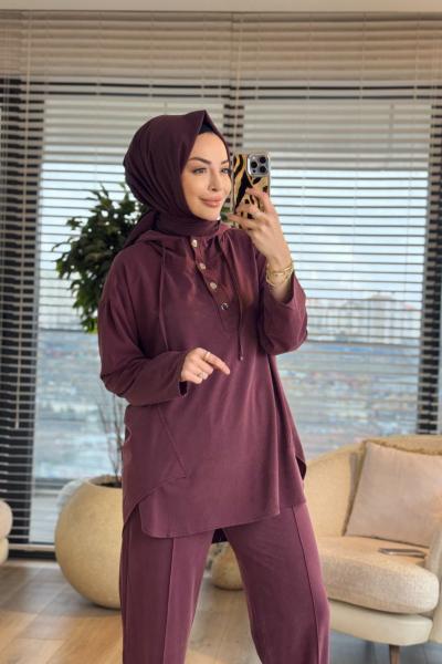 7416 Oysho Kapşonlu Patı Çıtçıtlı Takım Bordo