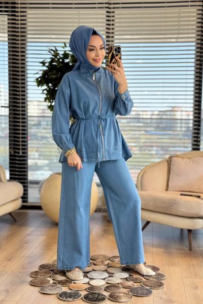7428 Tencel Önden Fermuarlı Takım Mavi