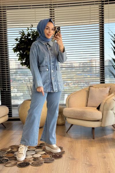 7452 Önü Cep Ve Dikişli Kot Takım Mavi