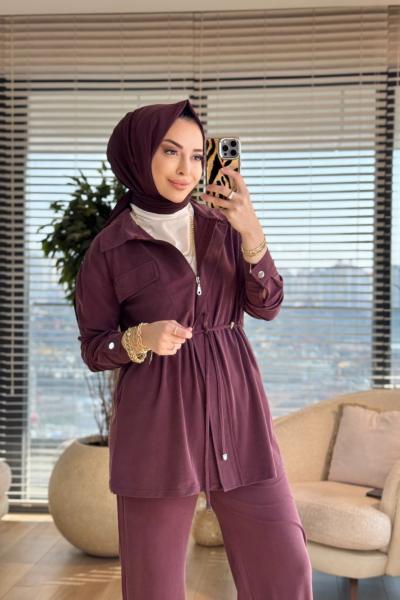 7459 Cepli Beli Büzgülü Takım Bordo