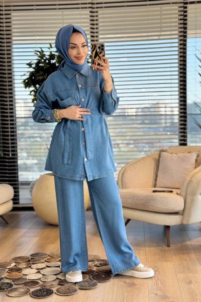 7460 Kot Ön Metal Düğmeli Kuşaklı Takım Mavi