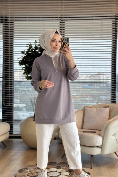 7474 Oysho Patı Fermuarlı Tunik Gri