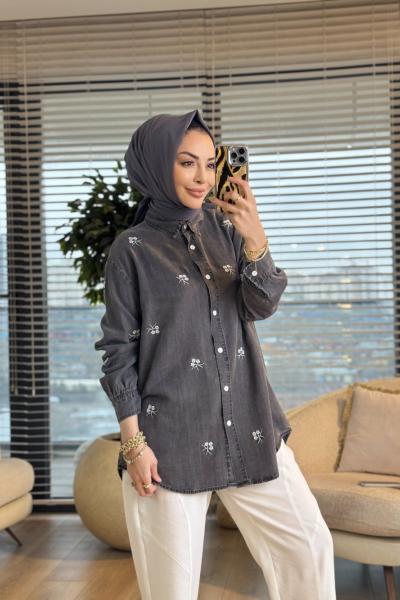 7476 Tencel Üstü Çiçek Nakışlı Gömlek Gri