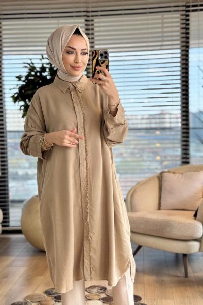 7495 Tencel Patı Ve Kolu Saçak Detaylı Uzun Tunik Vizon