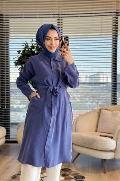 7501 Ön Düğmeli Kuşaklı Uzun Tunik Gül