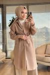 7501 Ön Düğmeli Kuşaklı Uzun Tunik Bej
