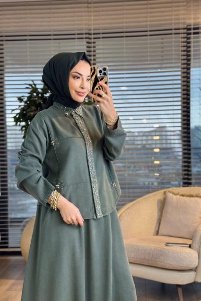 7502 Patı Yakası Taşlı Kot Etekli Takım Haki