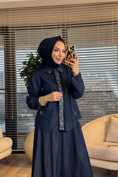 7502 Patı Yakası Taşlı Kot Etekli Takım Koyu Lacivert