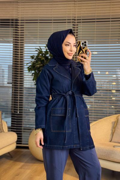 7507 Şal Dügmesiz Kot Trenç Koyu Lacivert